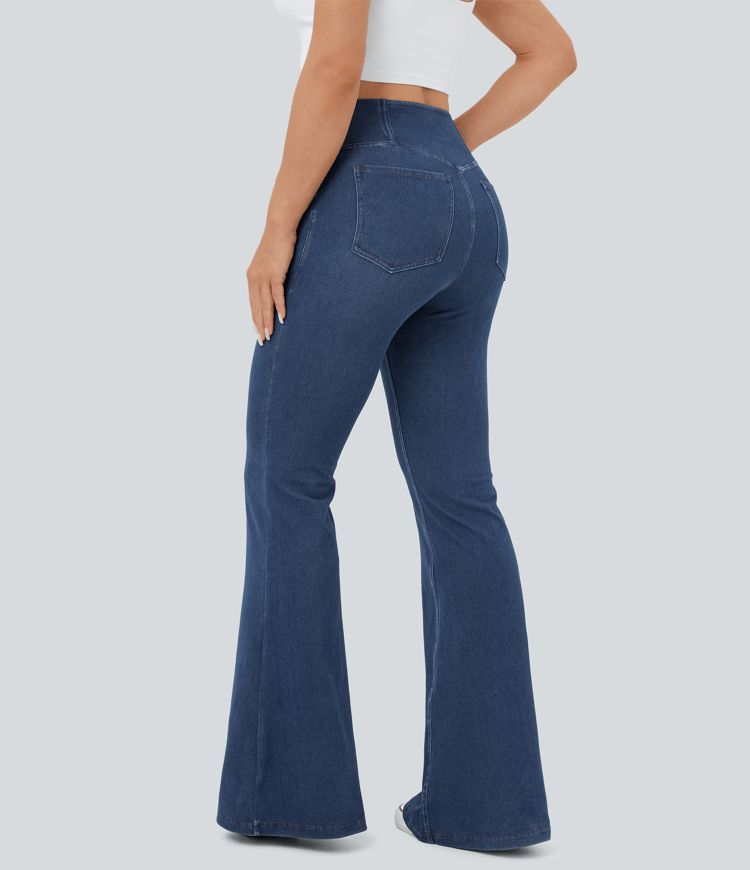 Jeans Halara Flex™ Denim súper acampanado elástico lavado bolsillo cruzado tiro alto
