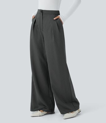 High Waisted Zipper Pocket Wide Leg Striped Work Pants
