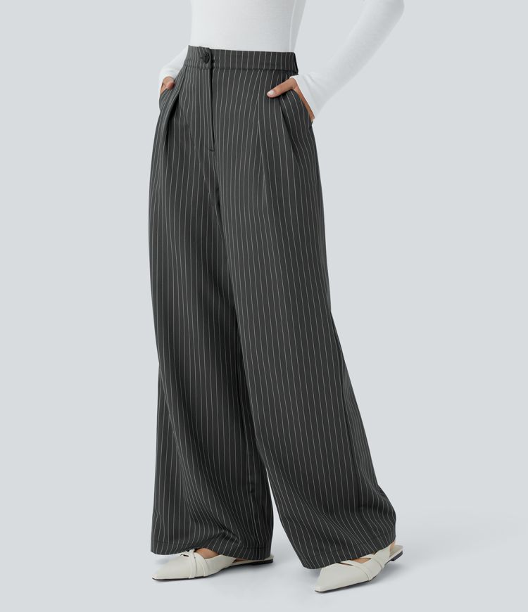 High Waisted Zipper Pocket Wide Leg Striped Work Pants