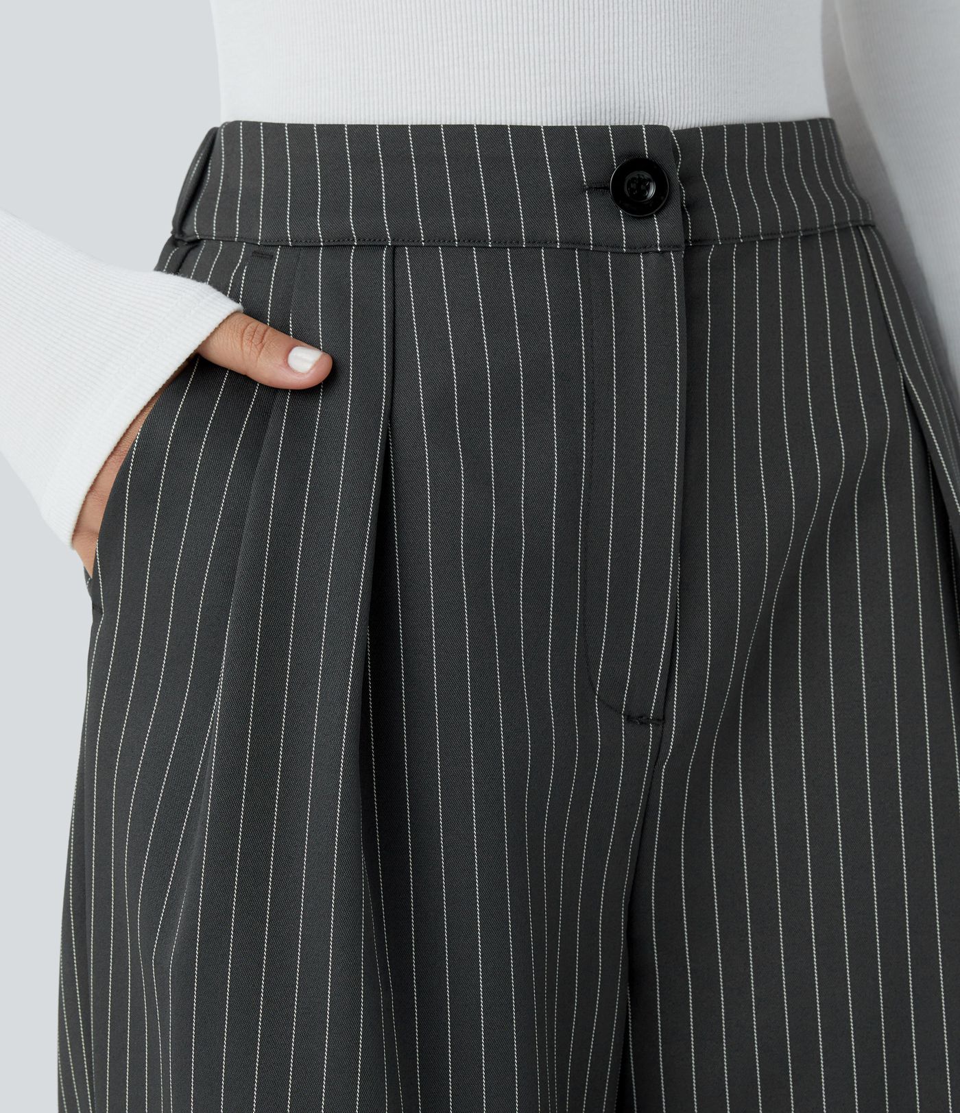 High Waisted Zipper Pocket Wide Leg Striped Work Pants