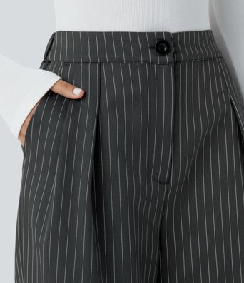 High Waisted Zipper Pocket Wide Leg Striped Work Pants