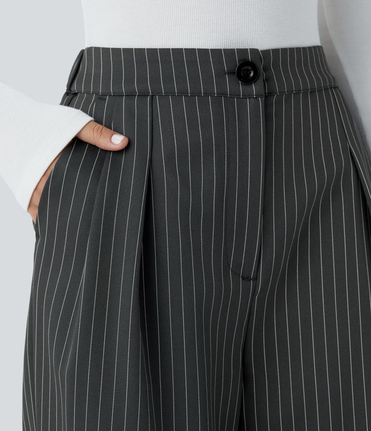 High Waisted Zipper Pocket Wide Leg Striped Work Pants
