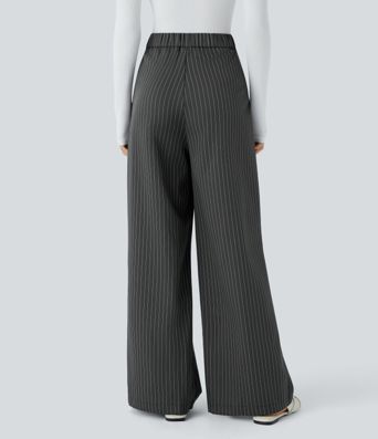 High Waisted Zipper Pocket Wide Leg Striped Work Pants