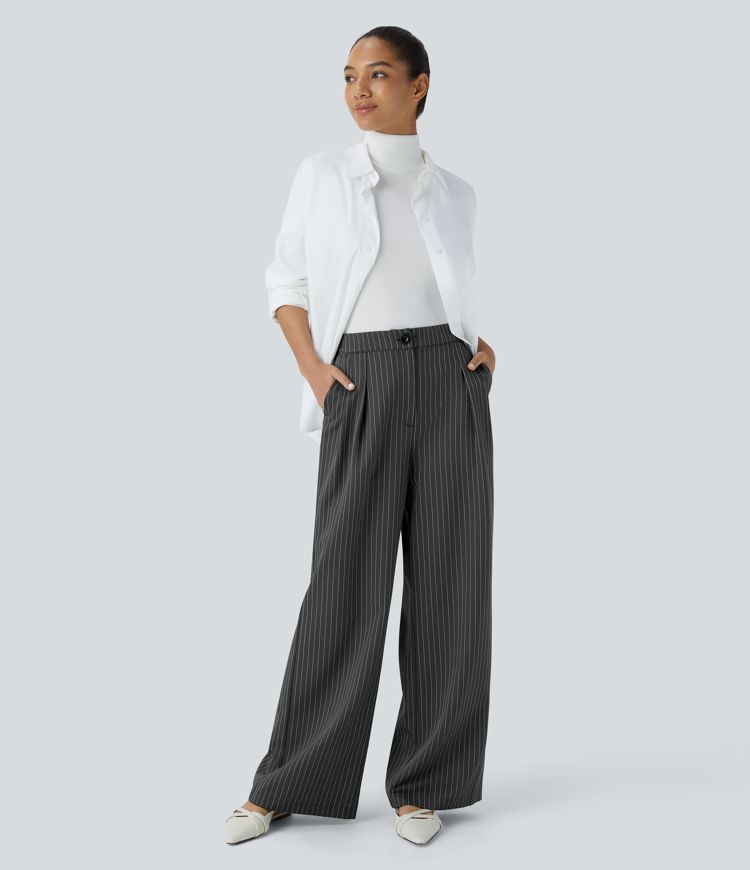 High Waisted Zipper Pocket Wide Leg Striped Work Pants