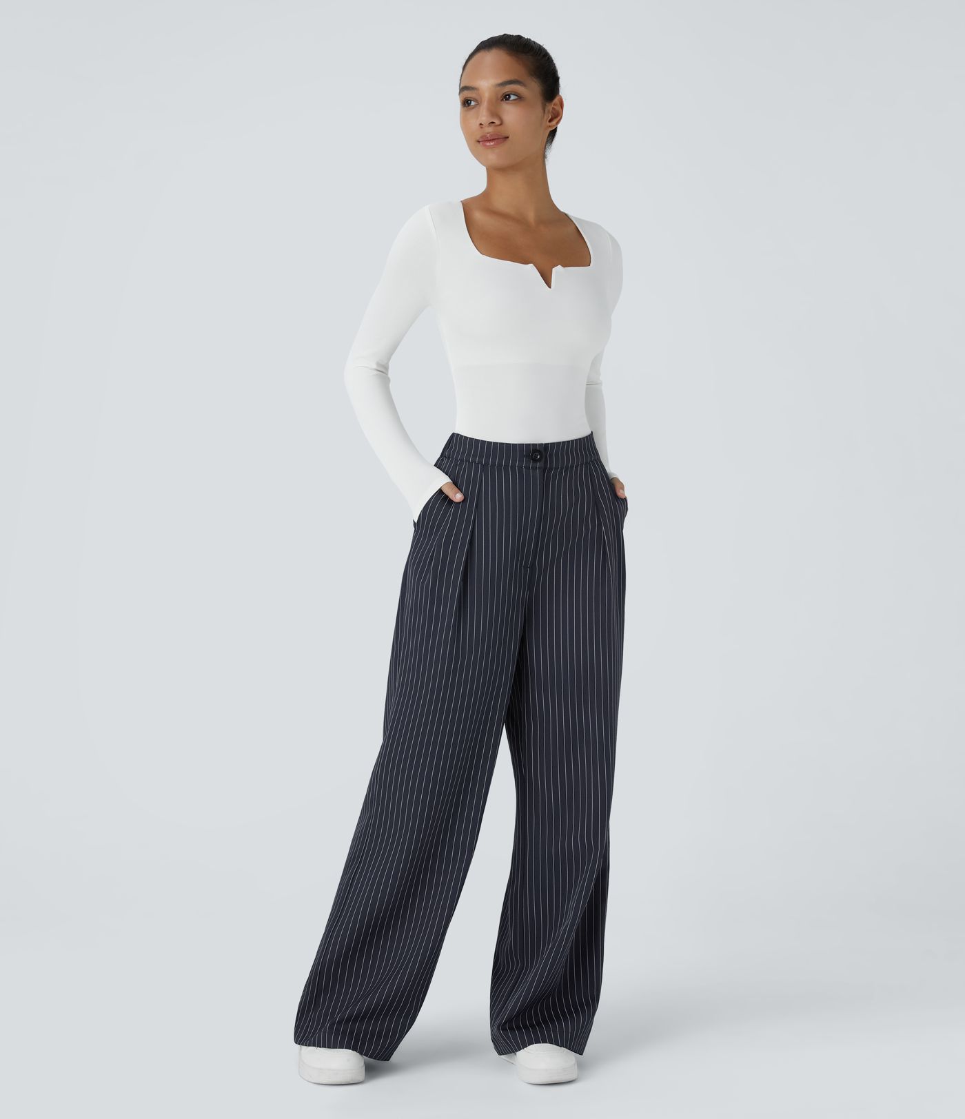 High Waisted Button Zipper Side Pocket Wide Leg Striped Work Pants