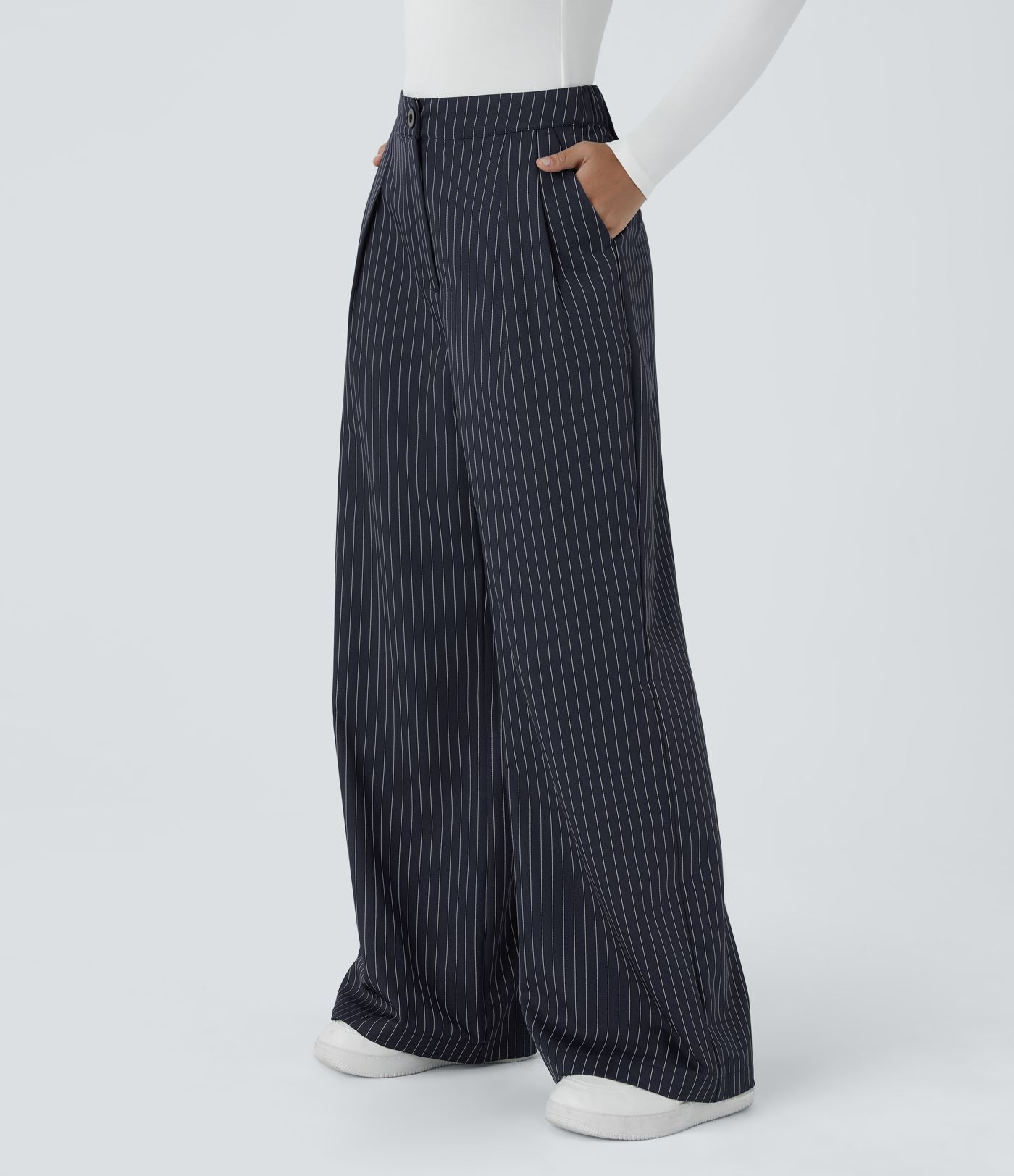 High Waisted Button Zipper Side Pocket Wide Leg Striped Work Pants