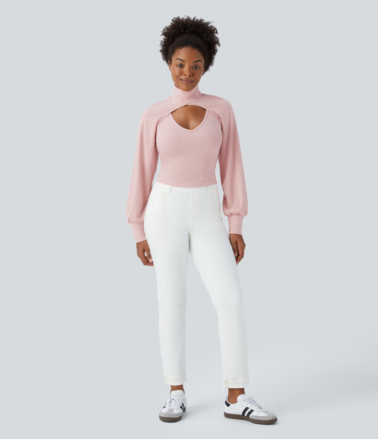 Ribbed Knit High Neck Long Sleeve Cutout Two Piece Casual Sweater