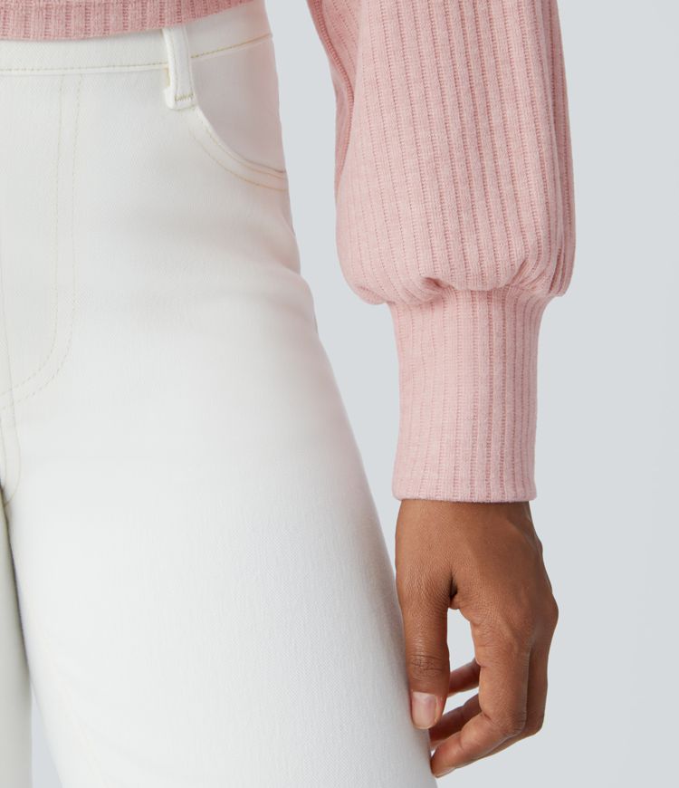 Ribbed Knit High Neck Long Sleeve Cutout Two Piece Casual Sweater