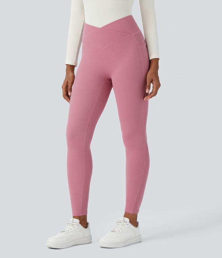 Legging décontracté 7/8 taille haute, croisé devant, avec poches latérales et tissu gaufré