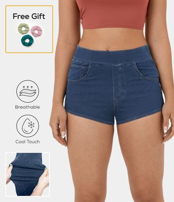 Halara Flex™ Shorts 2' Casual en Denim Tricot Extensible Lavé Taille Haute Avec Multiples Poches Toucher Frais Respirant Halara Flex™ Shorts 2' Casual en Denim Tricot Extensible Lavé Taille Haute Avec Multiples Poches Toucher Frais Respirant