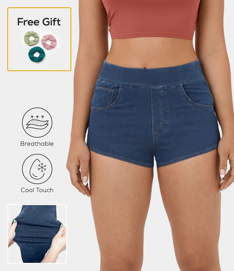 Halara Flex™ Shorts 2' Casual en Denim Tricot Extensible Lavé Taille Haute Avec Multiples Poches Toucher Frais Respirant Halara Flex™ Shorts 2' Casual en Denim Tricot Extensible Lavé Taille Haute Avec Multiples Poches Toucher Frais Respirant