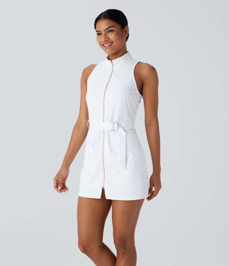 Stand Collar Sleeveless Zipper Belted Side Pocket 2-Piece Mini Golf Active Dress
