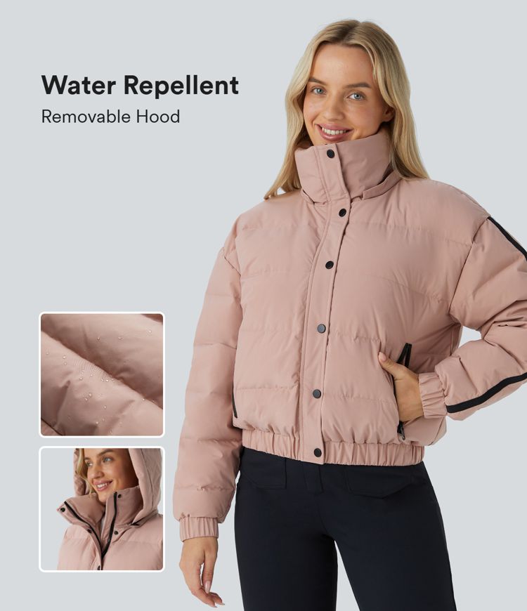 Water-repellent finish Detachable hood Side zipper pockets Contrast tape Relax casual Puffer down jacket