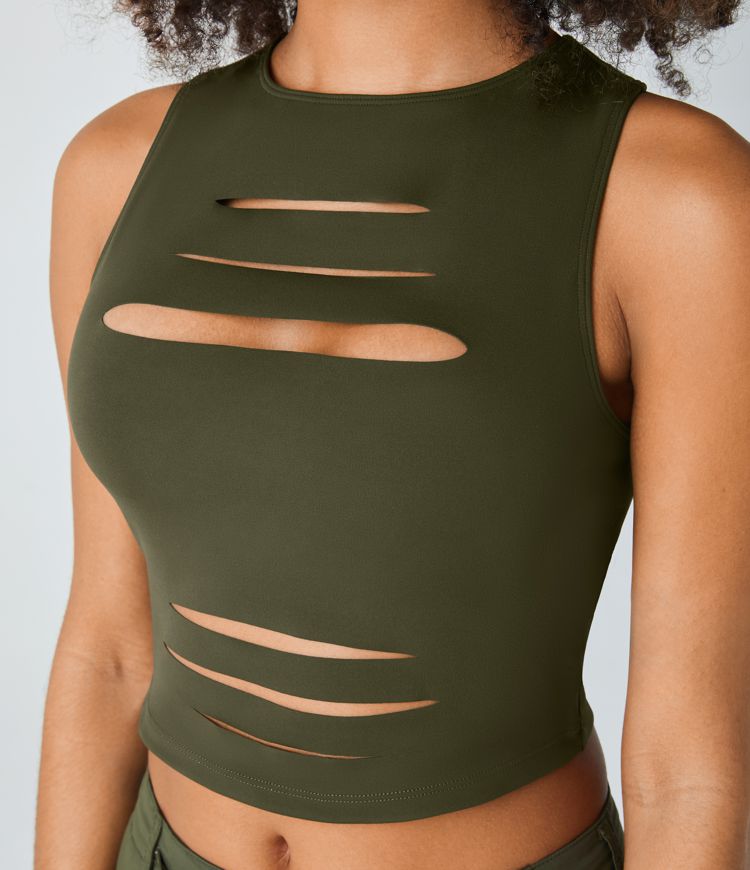 Camiseta sin manga recortada rasgada sin espalda cruzada