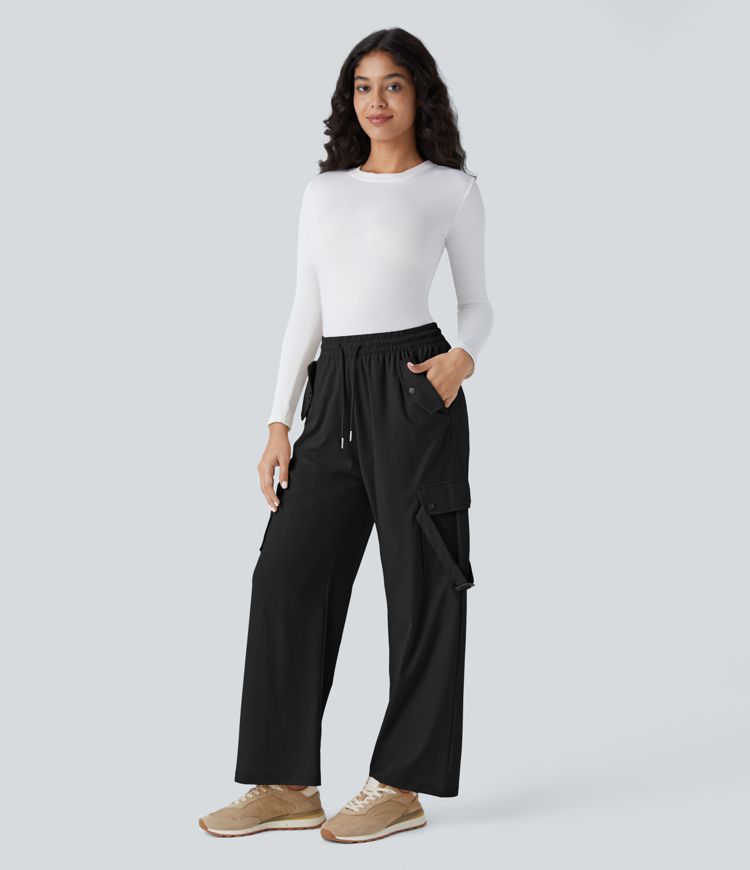 Mid Rise Drawstring Multiple Pockets Casual Cargo Trousers