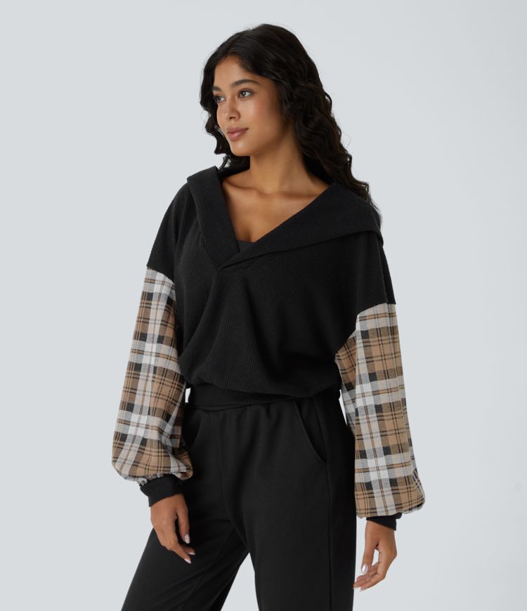 V Neck Hooded Long Sleeve Color Block Waffle Casual Sweatshirt