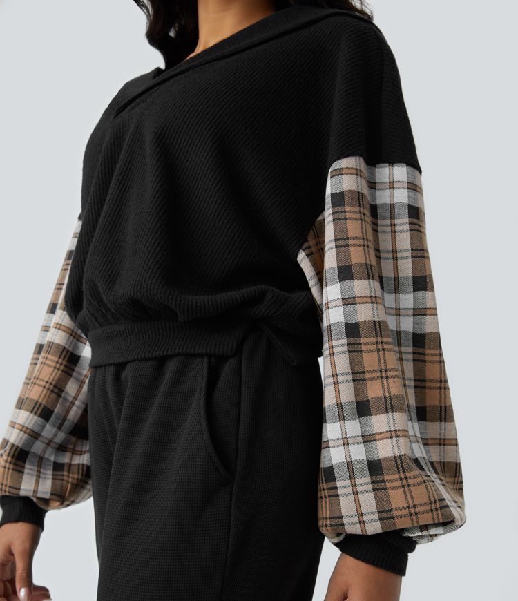 V Neck Hooded Long Sleeve Color Block Waffle Casual Sweatshirt
