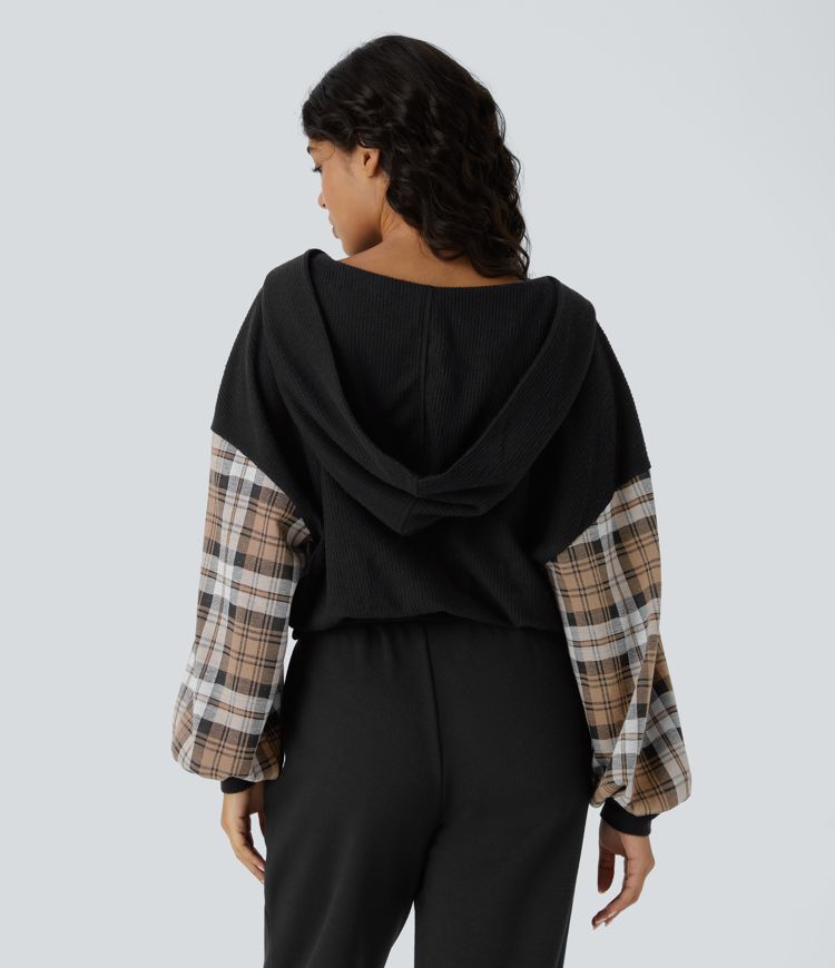 V Neck Hooded Long Sleeve Color Block Waffle Casual Sweatshirt