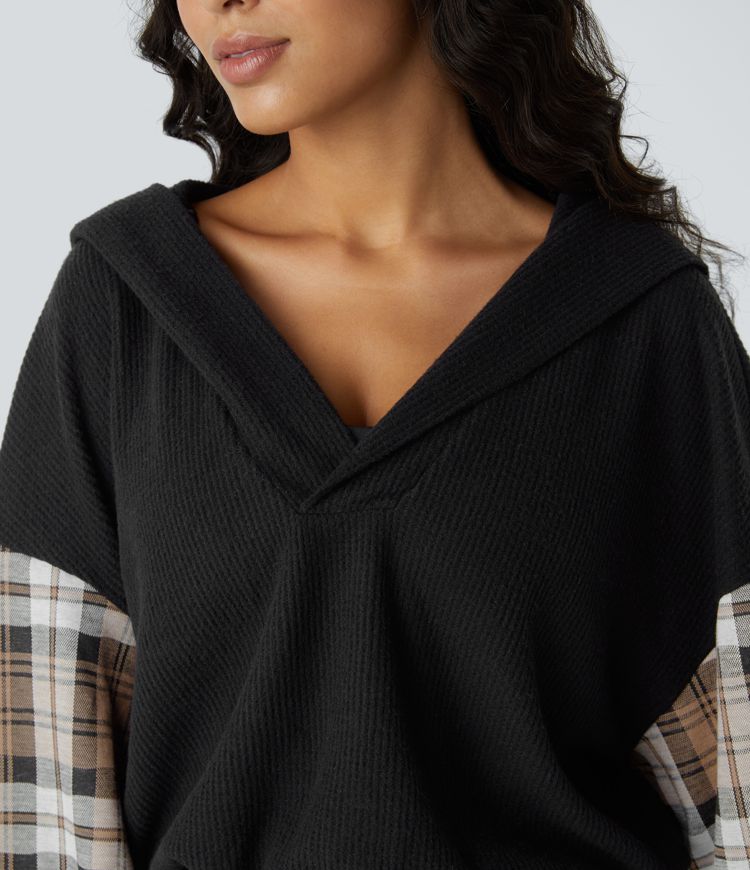 V Neck Hooded Long Sleeve Color Block Waffle Casual Sweatshirt