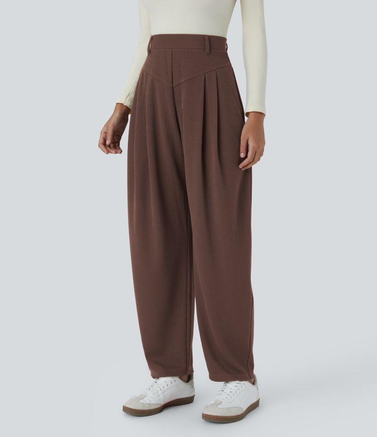 Ribbed High Waisted Plicated Side Pocket  Barrel Leg Work Pants