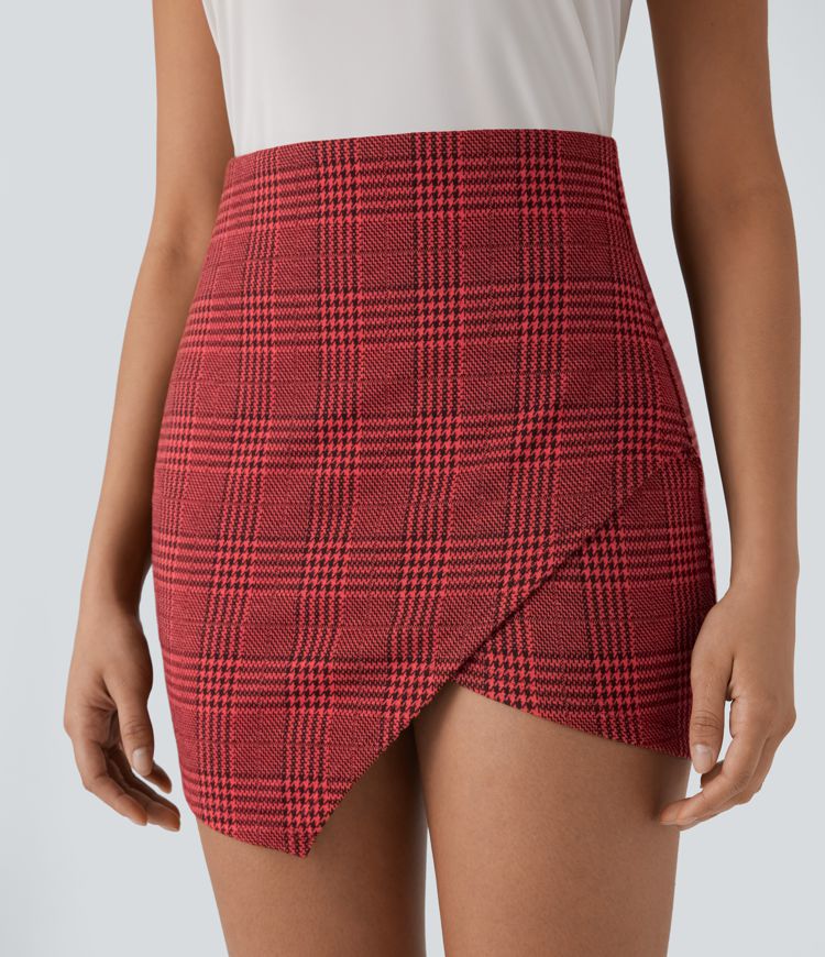 Mini Falda oficina ajustada tiro alto 2 en 1 bolsillo lateral dobladillo asimétrico cuadro pata gallo