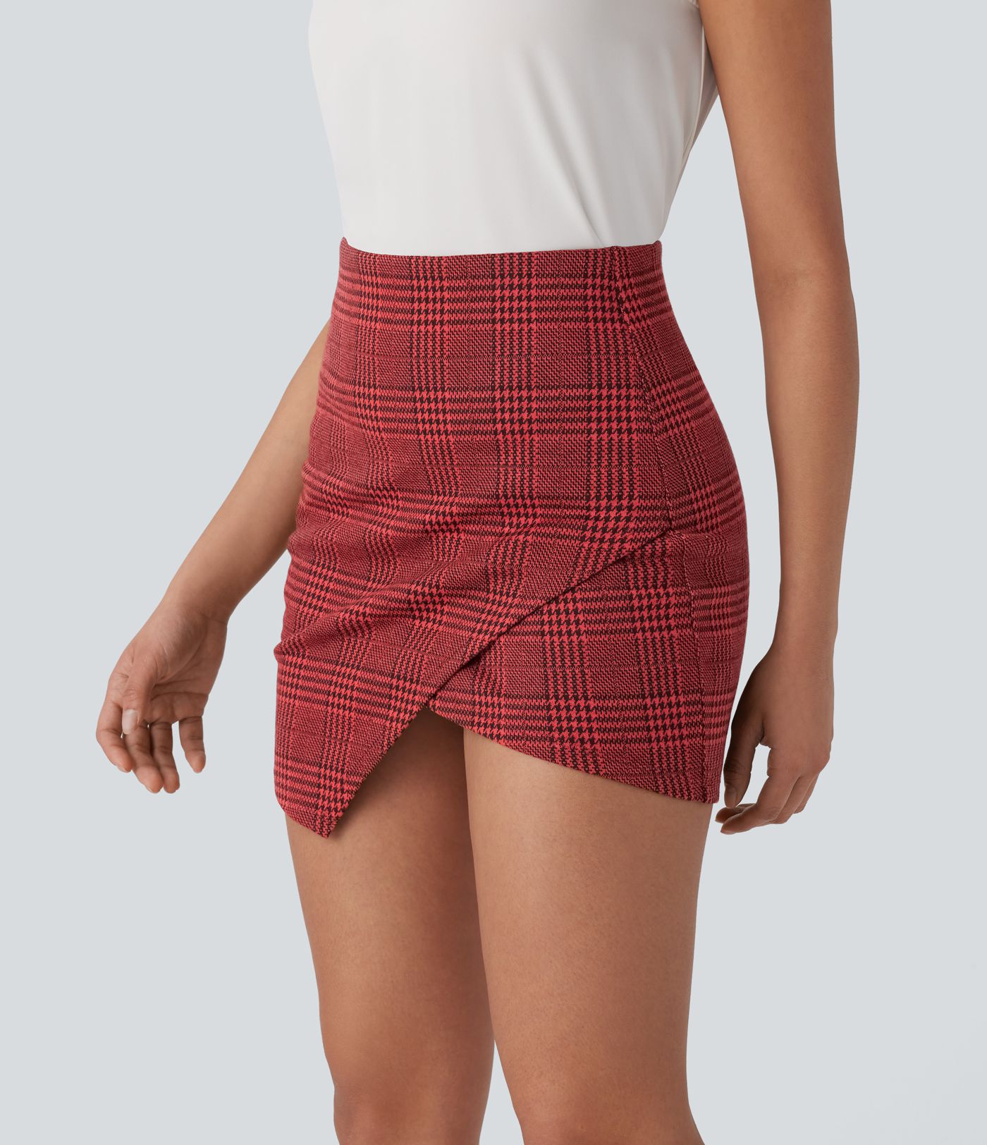 Mini Falda oficina ajustada tiro alto 2 en 1 bolsillo lateral dobladillo asimétrico cuadro pata gallo