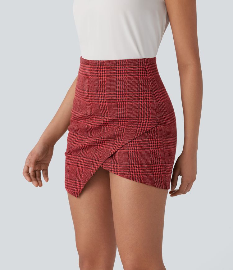 Mini Falda oficina ajustada tiro alto 2 en 1 bolsillo lateral dobladillo asimétrico cuadro pata gallo