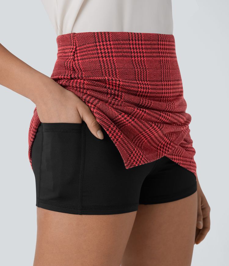 Mini Falda oficina ajustada tiro alto 2 en 1 bolsillo lateral dobladillo asimétrico cuadro pata gallo