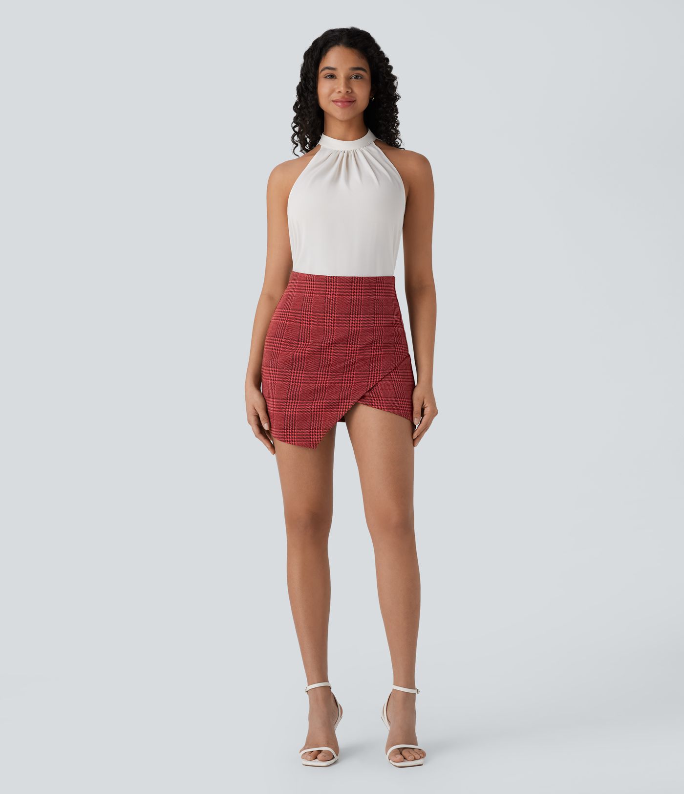 Mini Falda oficina ajustada tiro alto 2 en 1 bolsillo lateral dobladillo asimétrico cuadro pata gallo