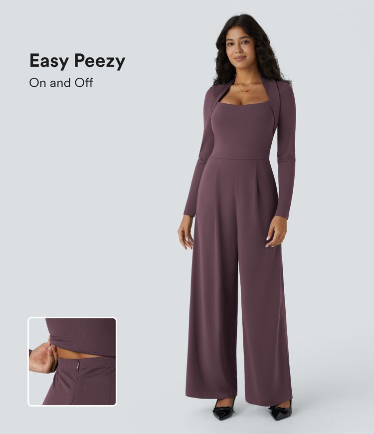 Long Sleeve Side Pocket Invisible Zipper Wide Leg Bridesmaid and Wedding Guest Jumpsuit-Easy Peezy