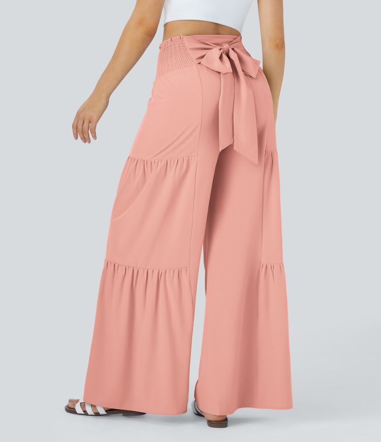 Breezeful™ High Waisted Shirred Tie Front & Back Wide Leg Flowy Quick Dry Casual Pants