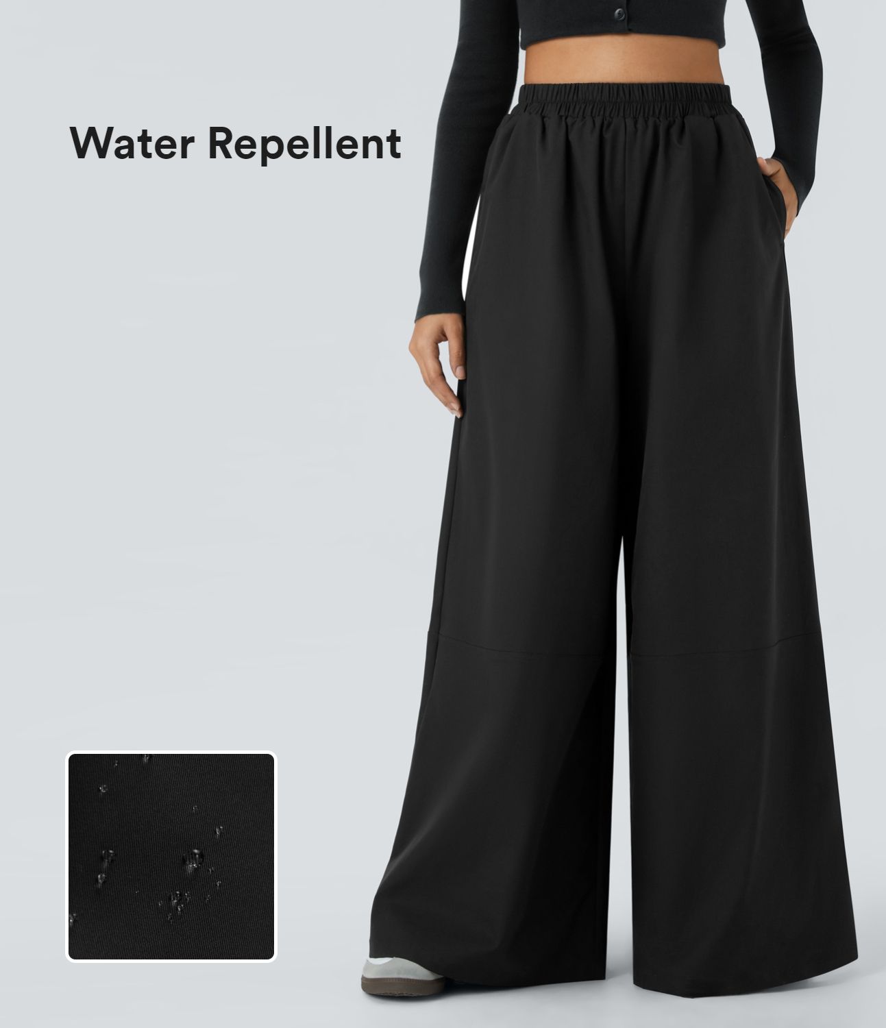 Water-repellent treatment, abrasion resistance, high waist, side pockets, wide leg, casual pants
