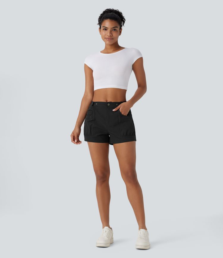 Mid Rise Adjustable Waistband Pocket Casual Shorts