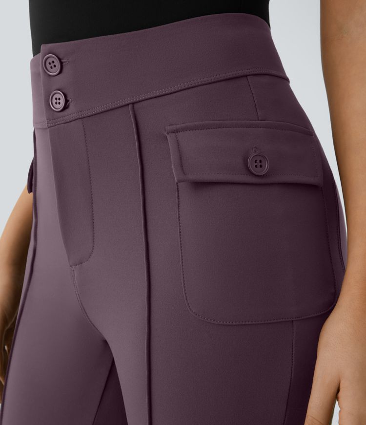 Pantalón cargo acampanado bolsillo solapa lateral botón tiro alto