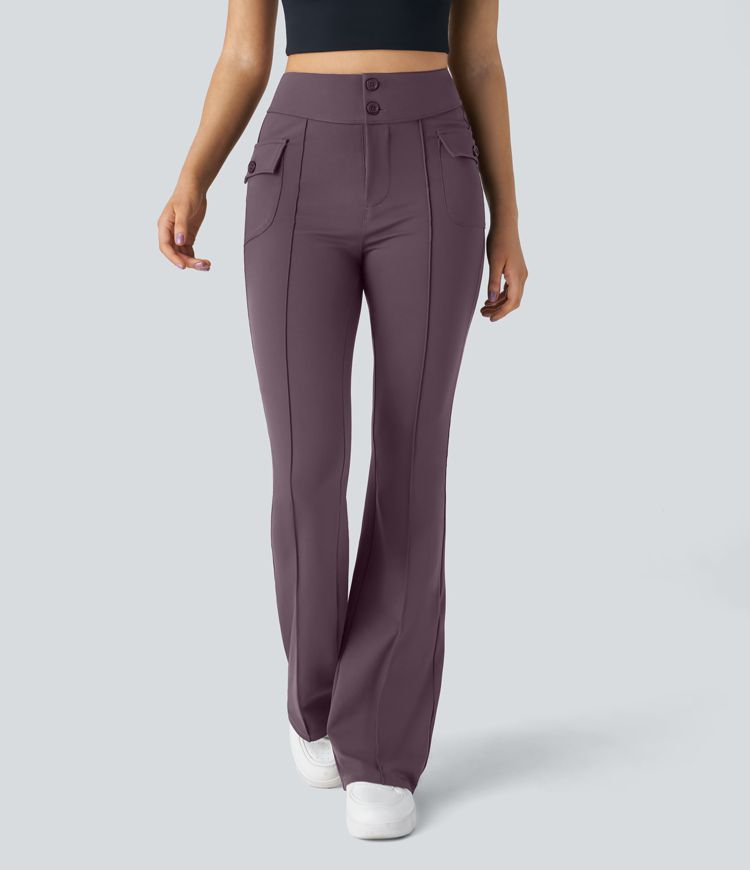 Pantalón cargo acampanado bolsillo solapa lateral botón tiro alto