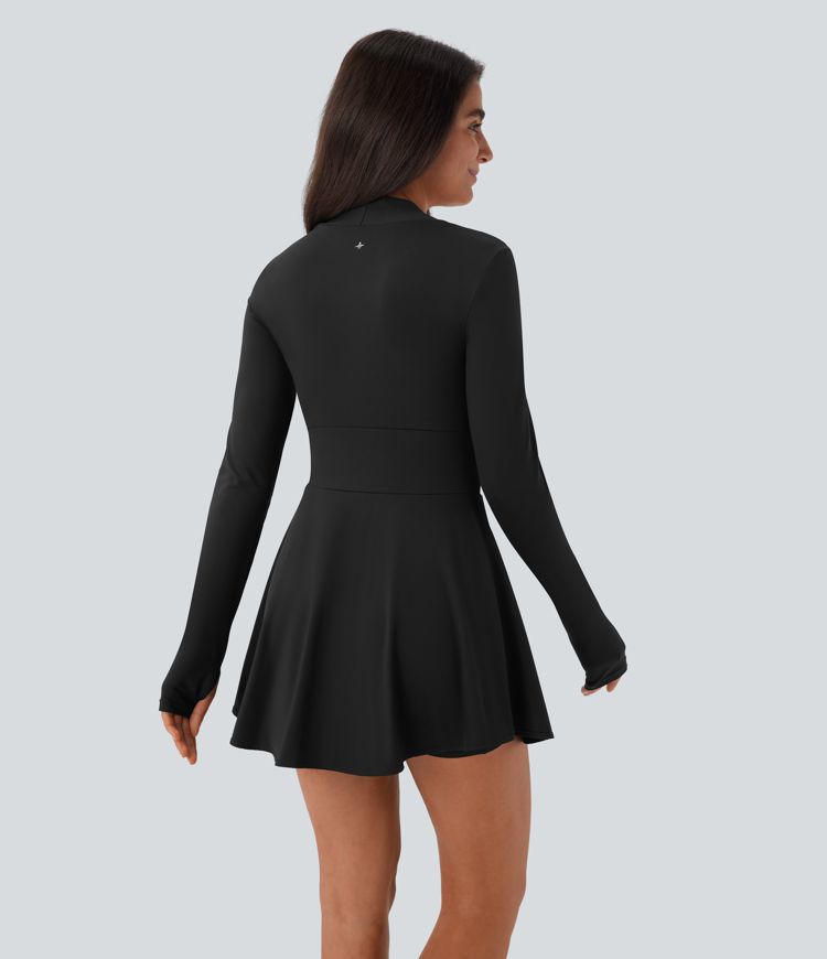 Softlyzero™ Airy, langärmliges 2-in-1 Pickleball-Minikleid mit Seitentaschen, Daumenloch, Cool-Touch und ausgestelltem Bein