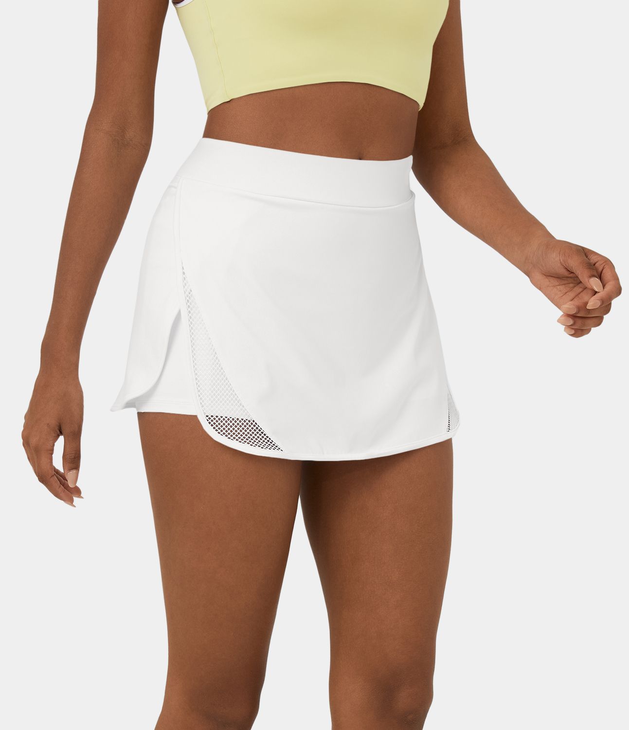 Softlyzero™ Airy High Waisted Contrast Mesh Split Curved Hem 2-in-1 Side Pocket Mini Cool Touch Tennis Skirt