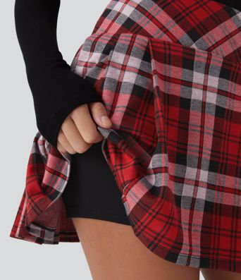 High Waisted Decorative Buckle 2-in-1 Plaid Pleated Mini Casual Skirt