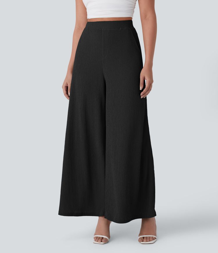 High Waisted Side Pocket Wide Leg Flowy Casual Pants