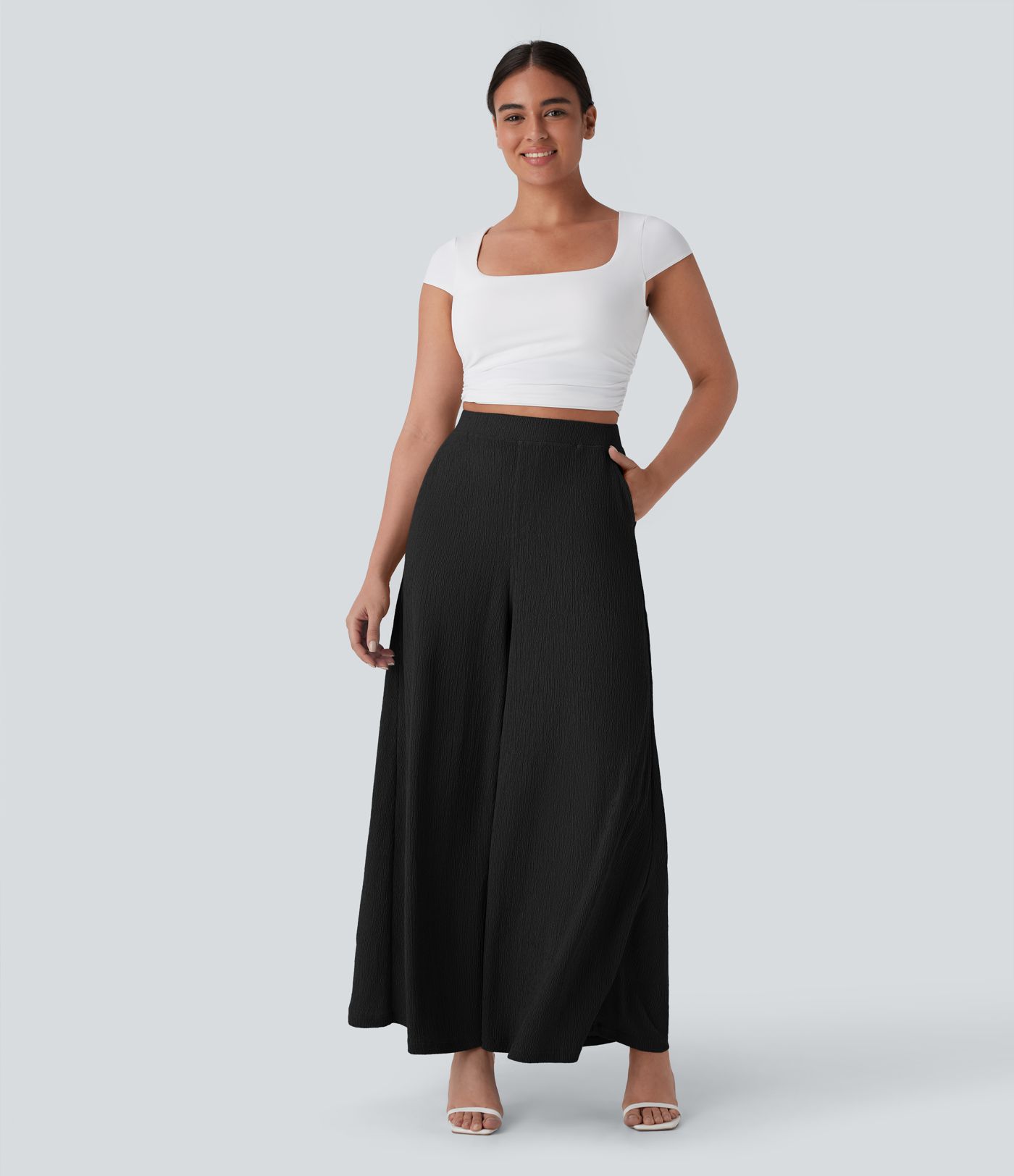 High Waisted Pocket Wide Leg Flowy Casual Pants