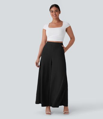 High Waisted Pocket Wide Leg Flowy Casual Pants