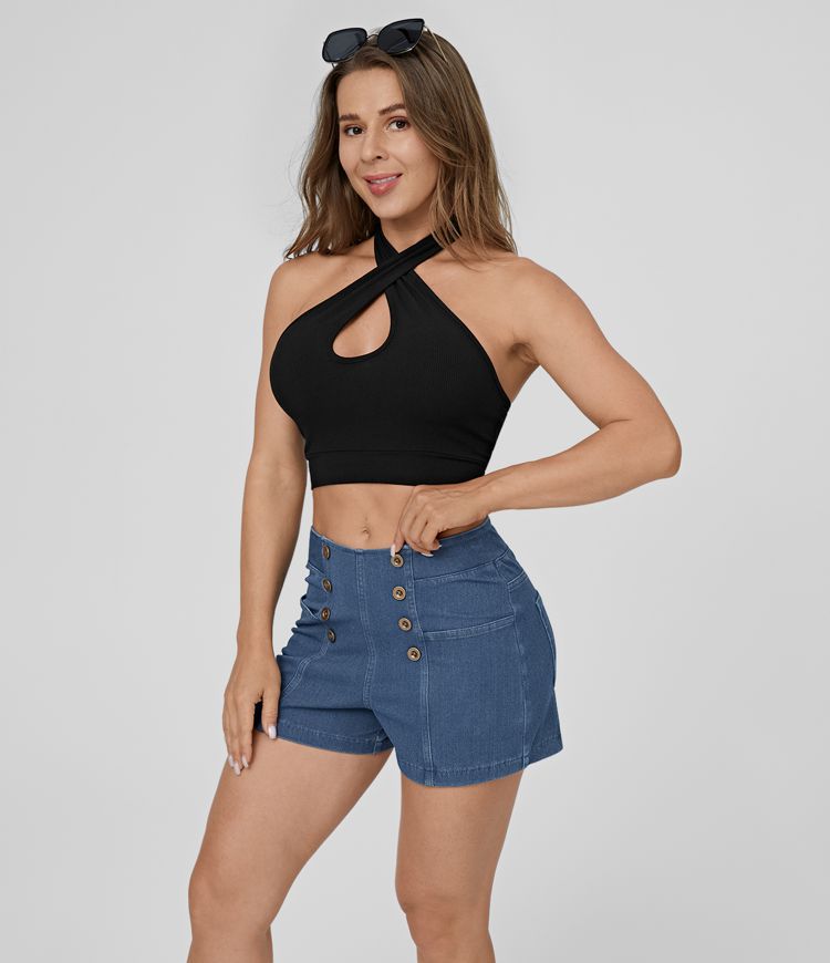 Halara Flex™ High Waisted Button Multiple Pockets  Breathable Washed Stretchy Knit Denim Casual Shorts 2.5''