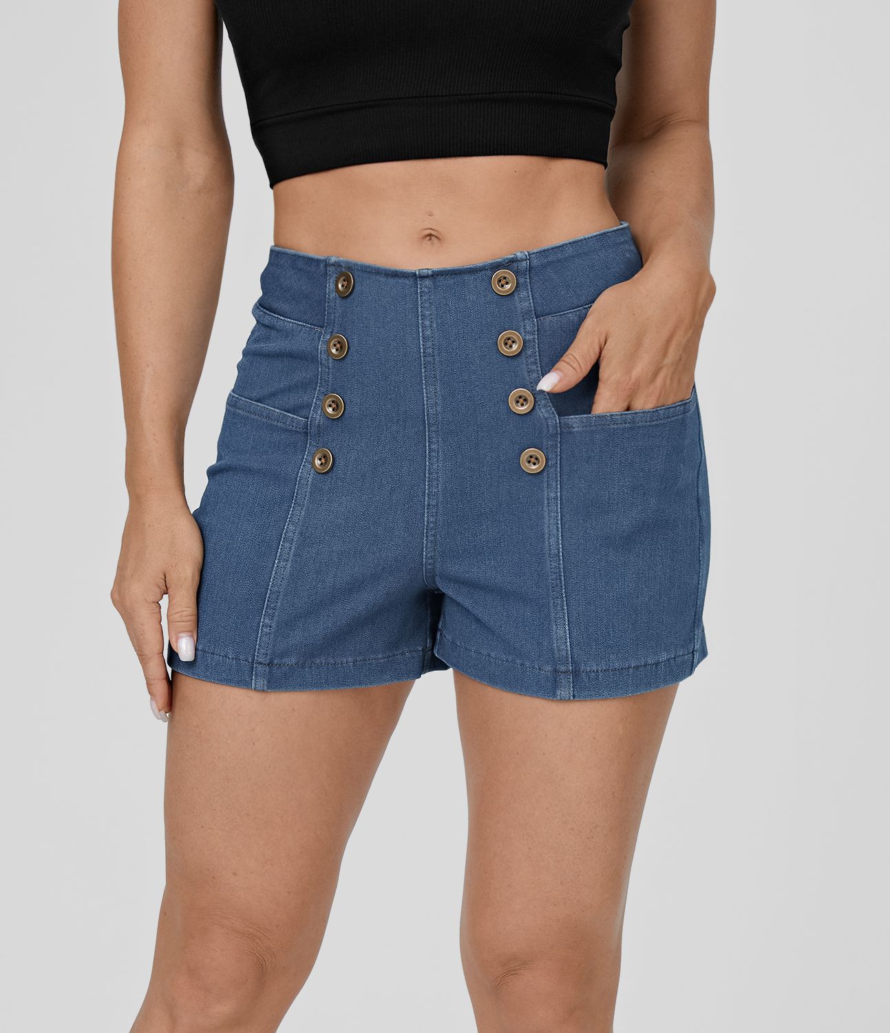 Halara Flex™ Short 2,5" en Denim Tricot Extensible Lavé Respirant à Taille Haute avec Boutons et Multiples Poches Toucher Frais