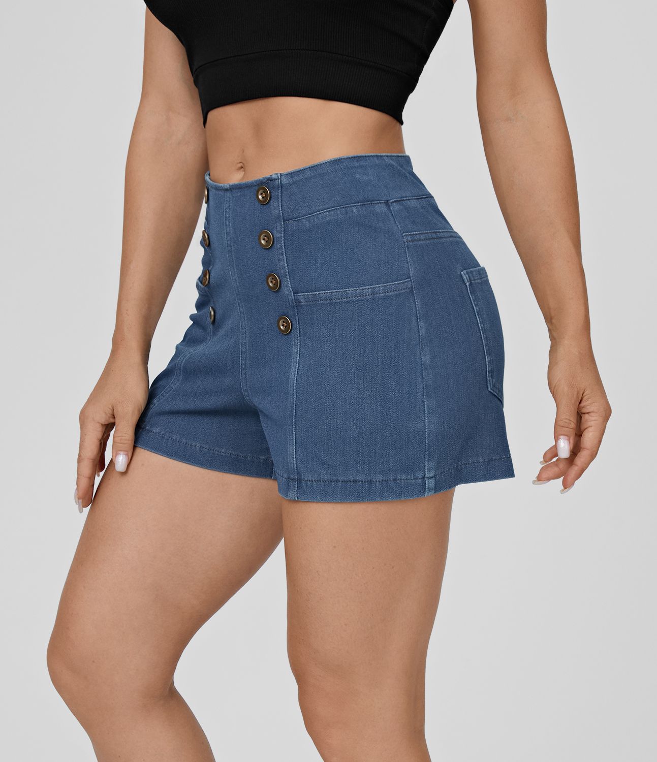 Halara Flex™ High Waisted Button Multiple Pockets  Breathable Washed Stretchy Knit Denim Casual Shorts 2.5''