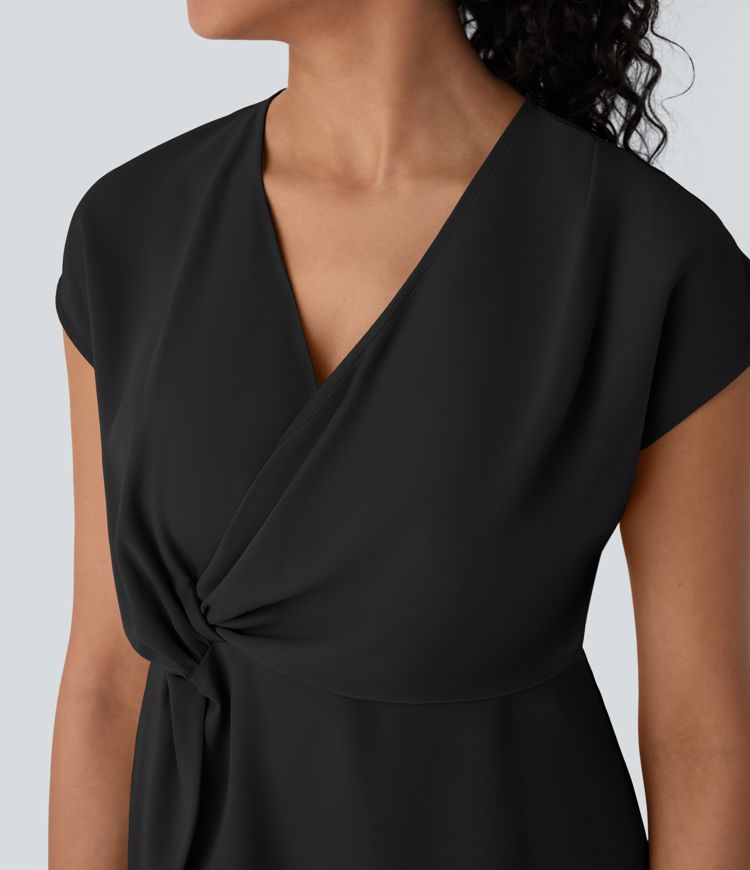 Blouse portefeuille à col en V, manches courtes et fronces pour le bureau