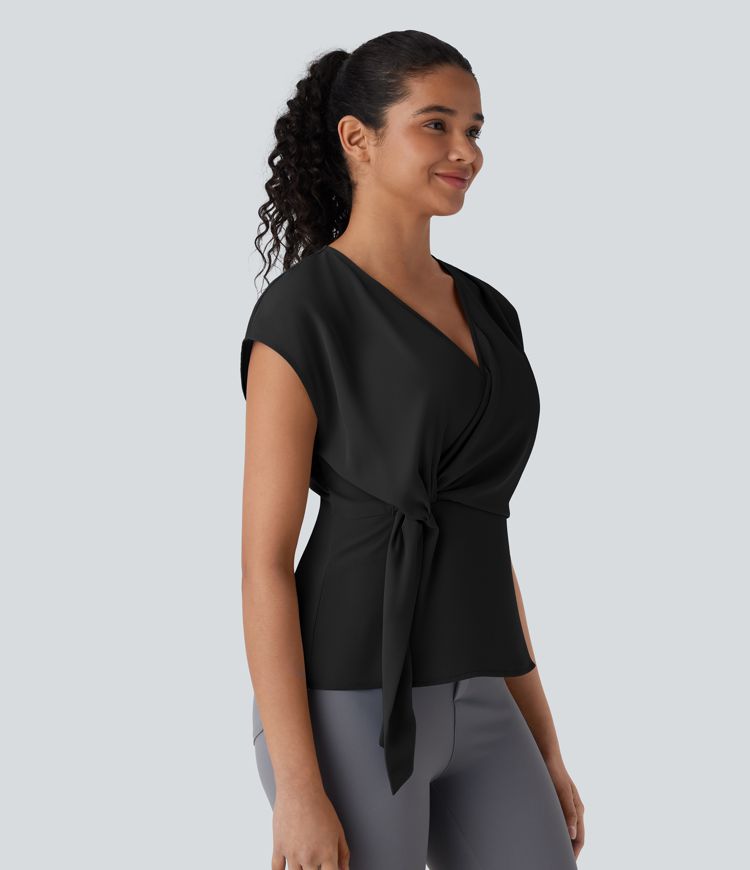 V Neck Short Sleeve Wrapped Ruched Work Blouse
