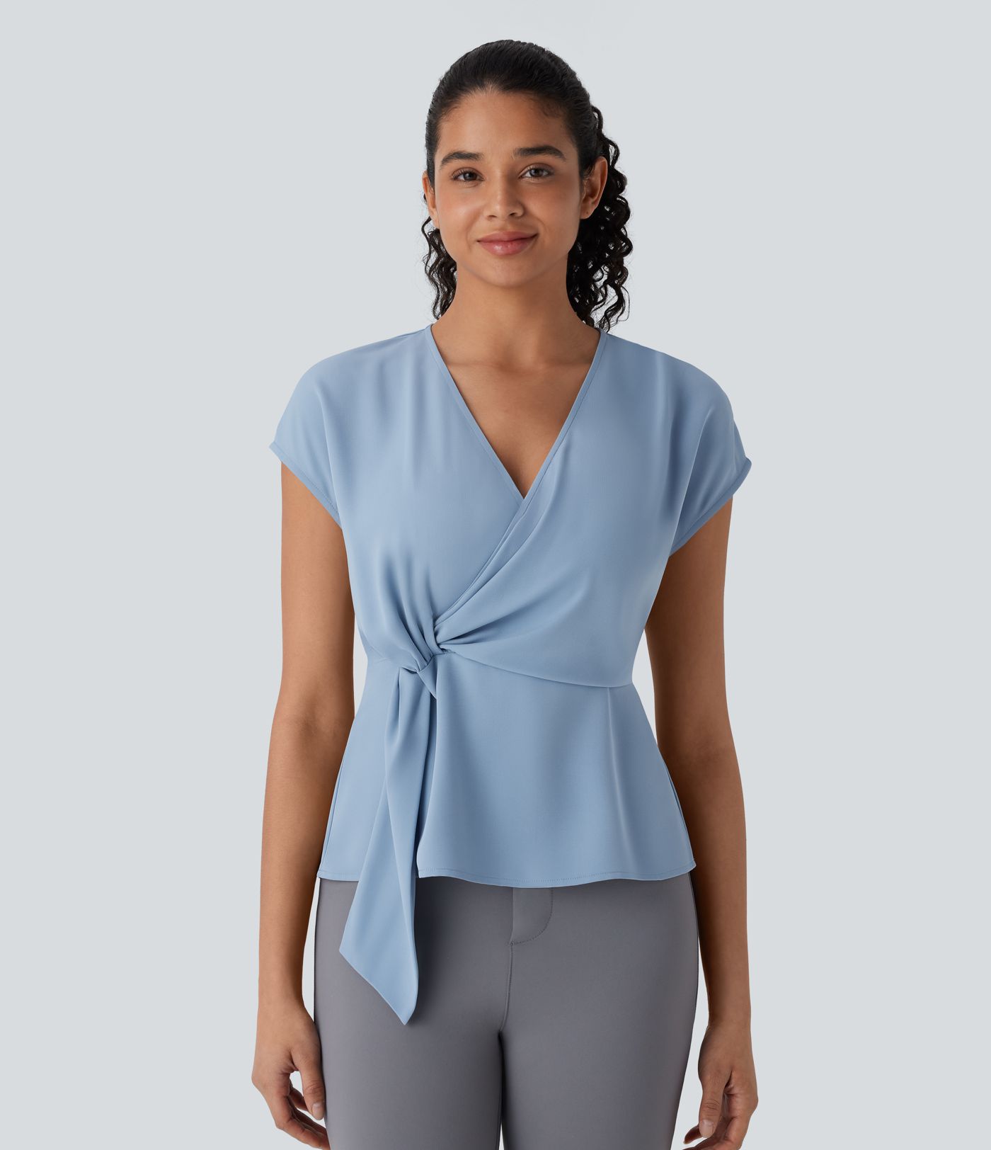 V Neck Short Sleeve Wrapped Ruched Work Blouse