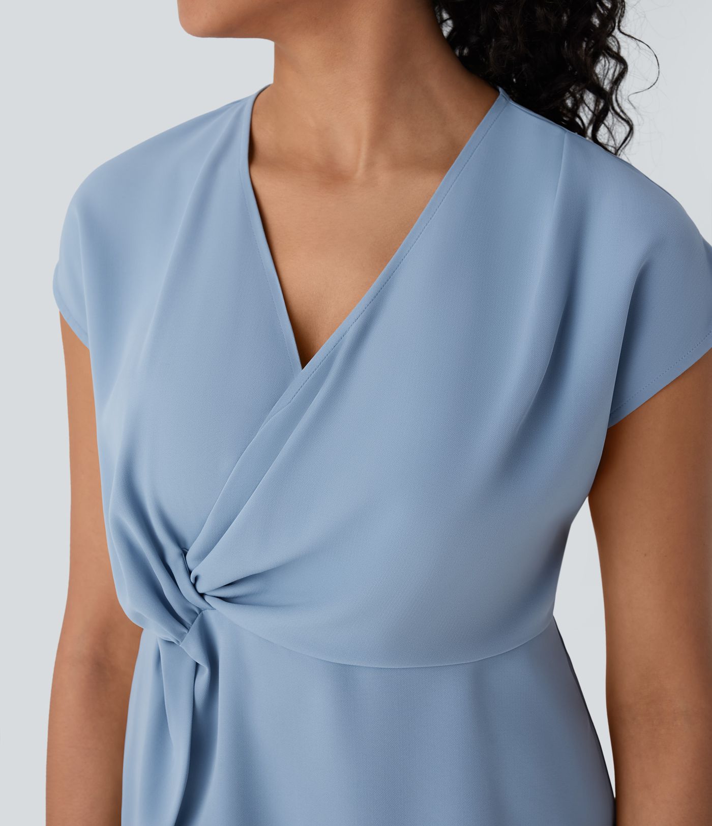 V Neck Short Sleeve Wrapped Ruched Work Blouse