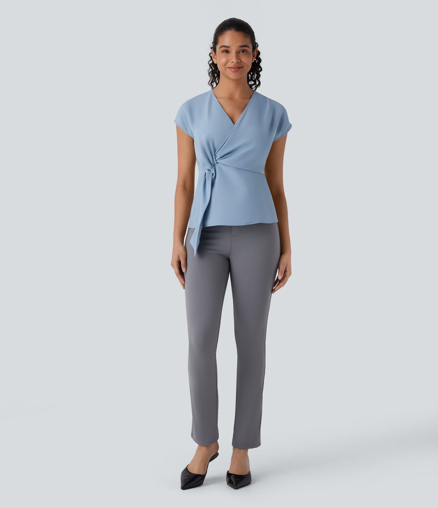 V Neck Short Sleeve Wrapped Ruched Work Blouse