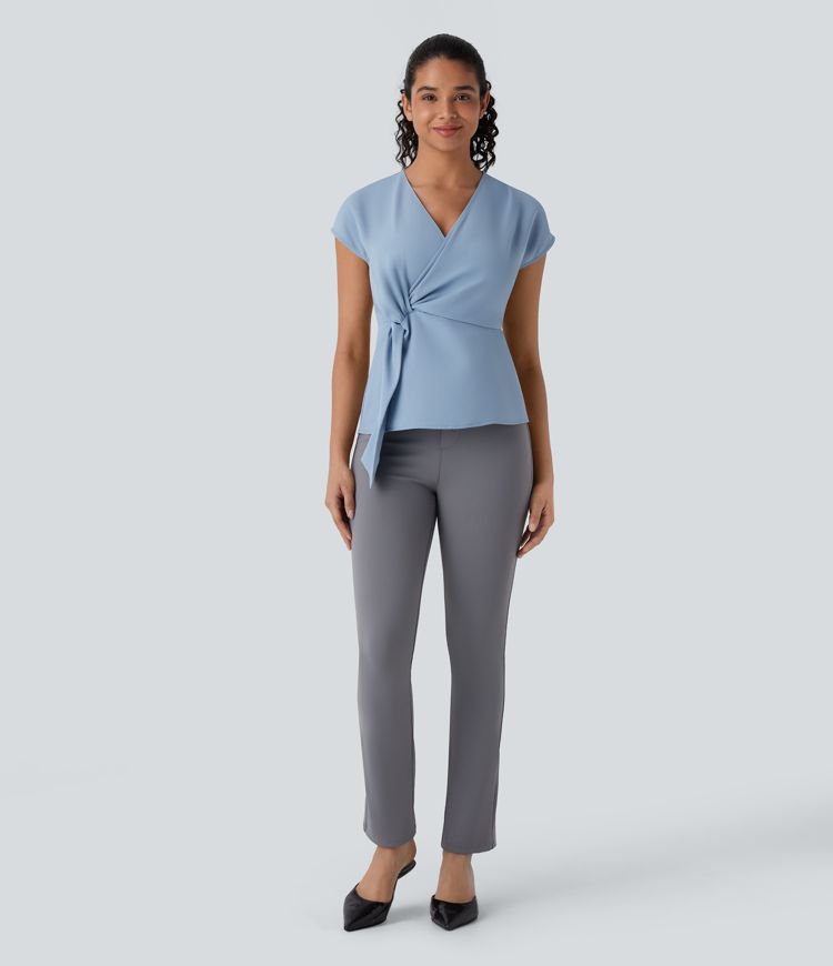 V Neck Short Sleeve Wrapped Ruched Work Blouse